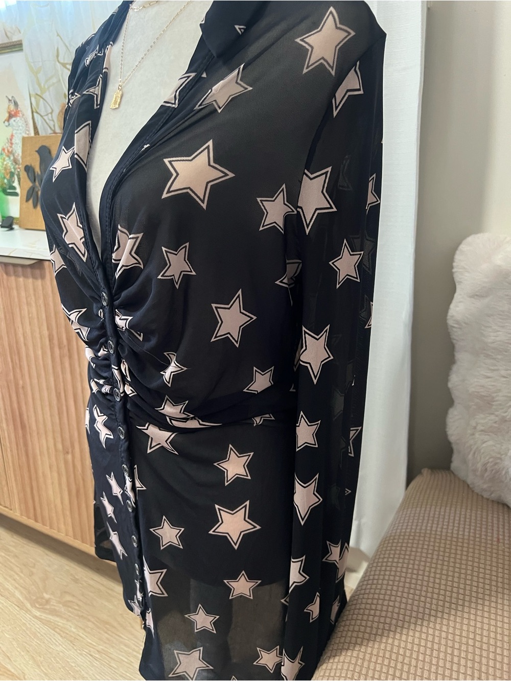 Black Star Print Sheer rouched button down top